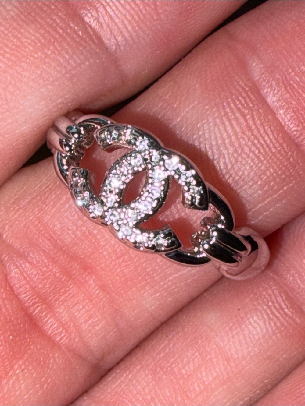 CC Silvertone Interlocking Logo Ring with Crystal Accents - Sz 6 adjustable